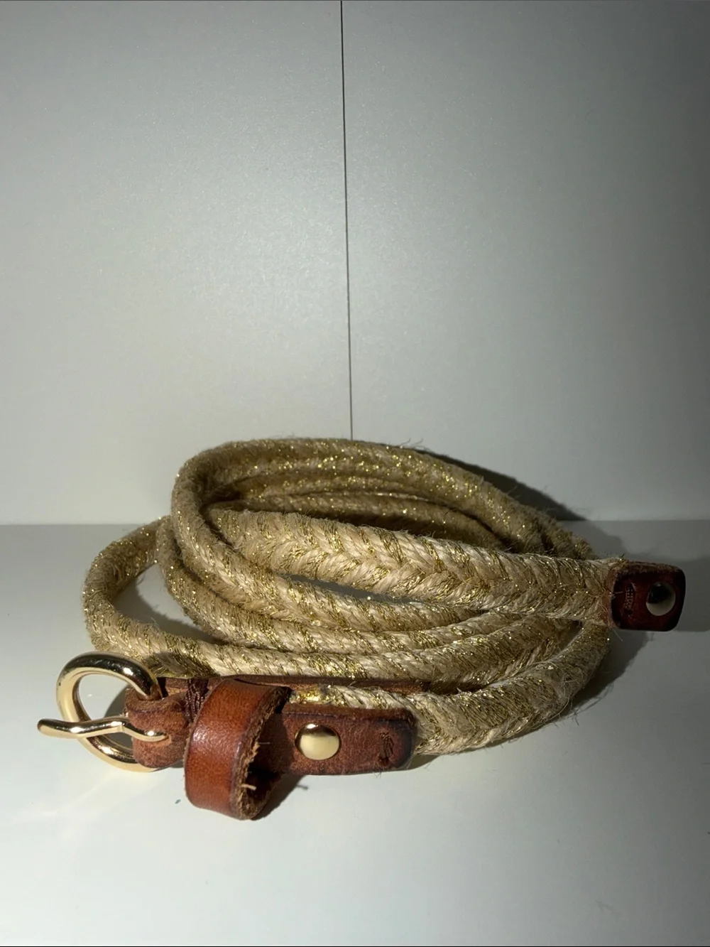 Gold-Tone Woven Rope Belt with Tan Leather Accents